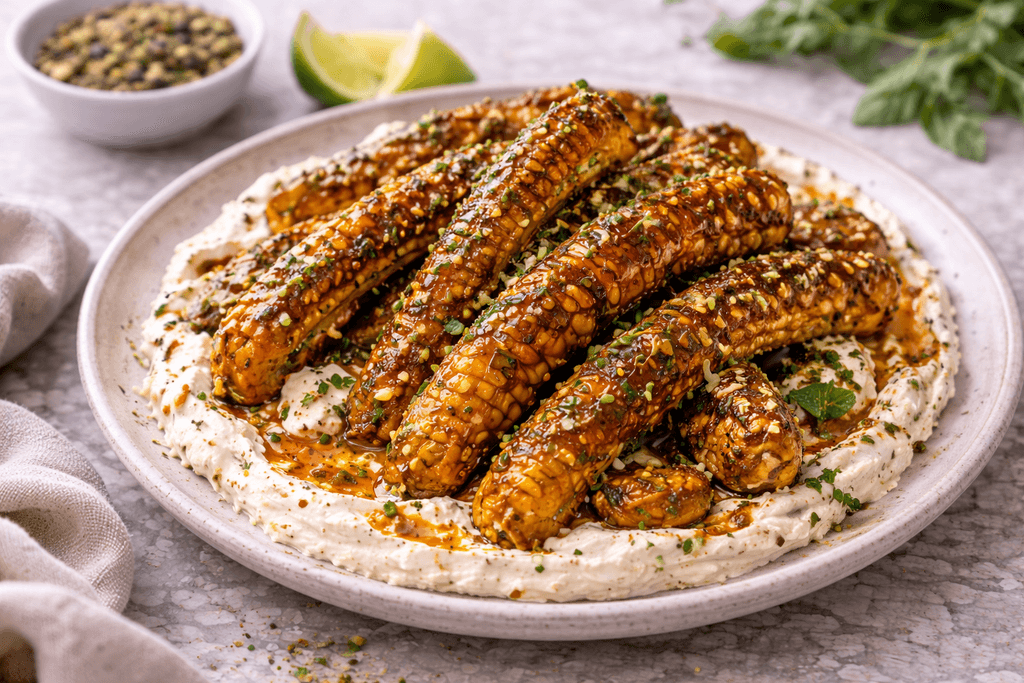 Za’atar Honey Glazed Corn Ribs with Chili Labneh