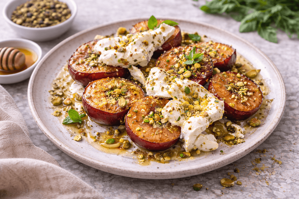 Za’atar Roasted Stone Fruit with Burrata & Pistachio