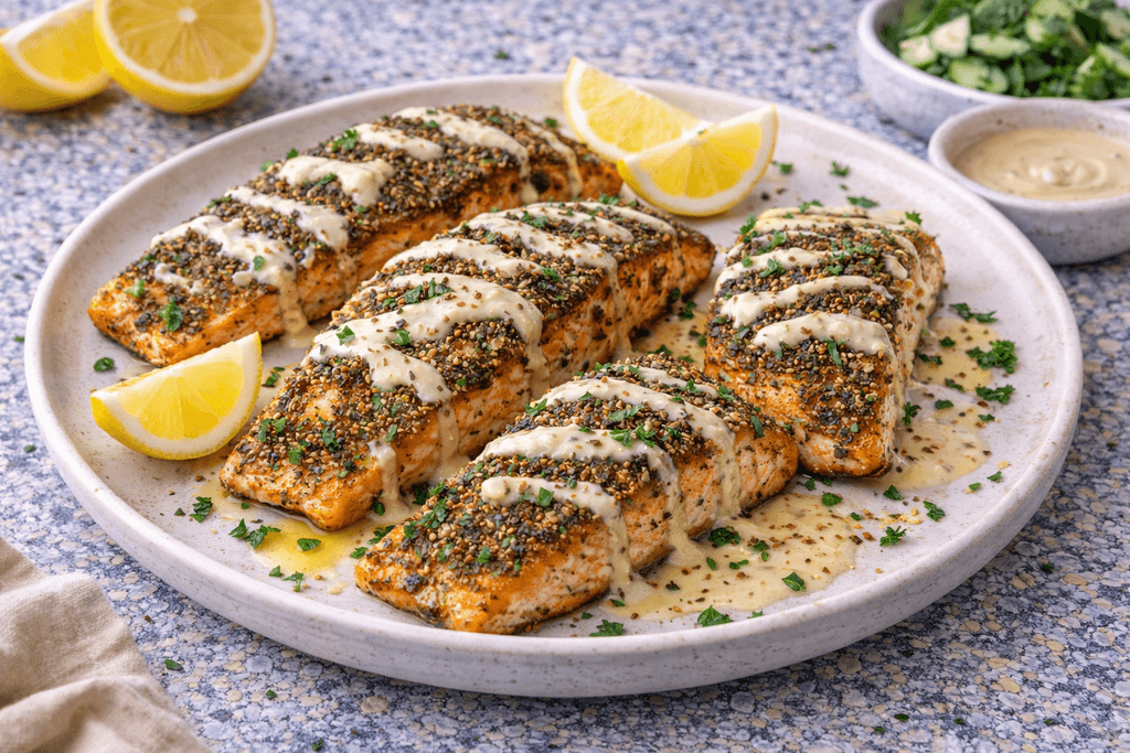 Za’atar Seared Salmon with Lemon-Tahini Drizzle