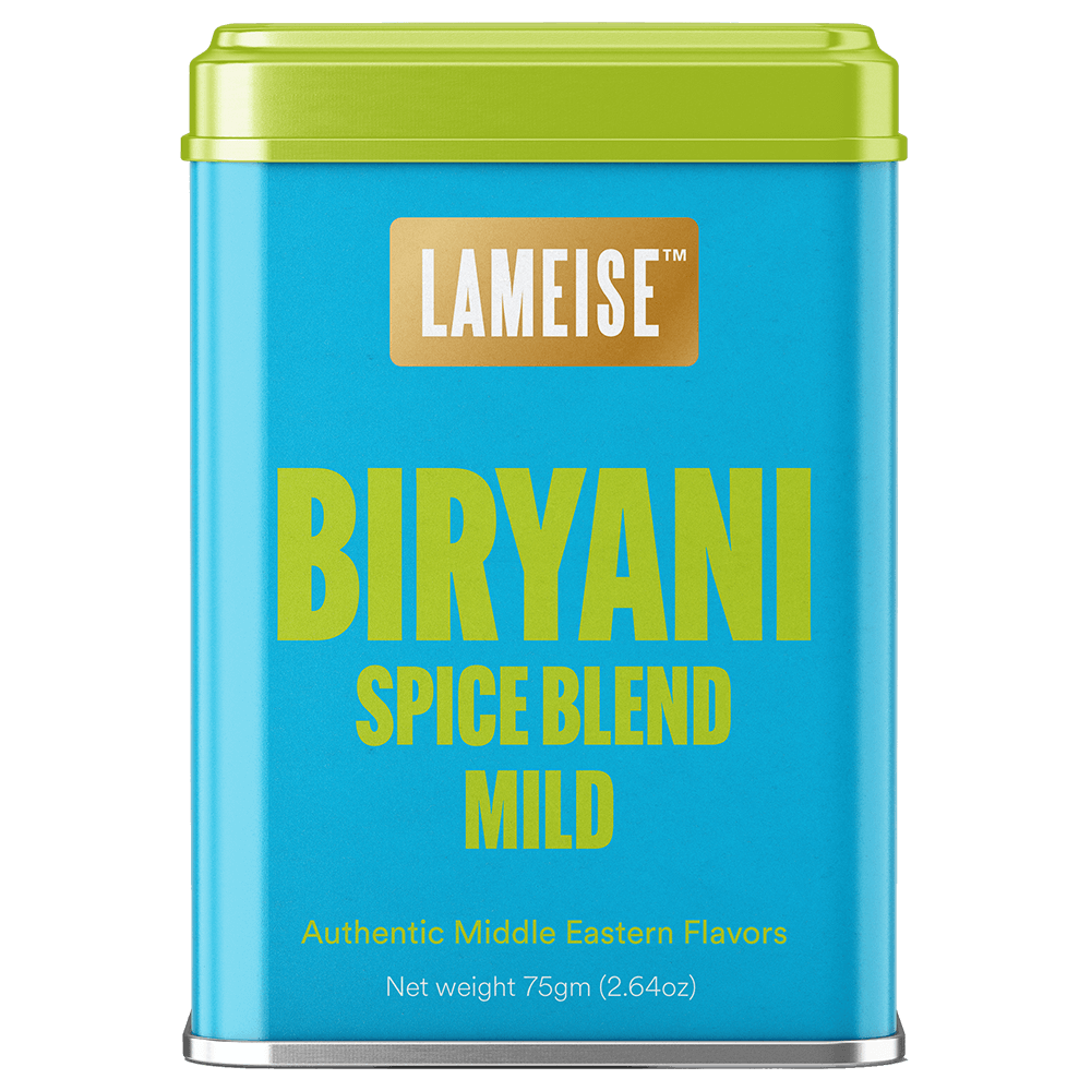 Biryani spice mild blend tin front view 75g – LAMEISE